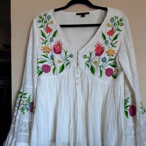 Boston Proper Eyelet Blouse with Gorgeous Embroidery and Bell Sleeves